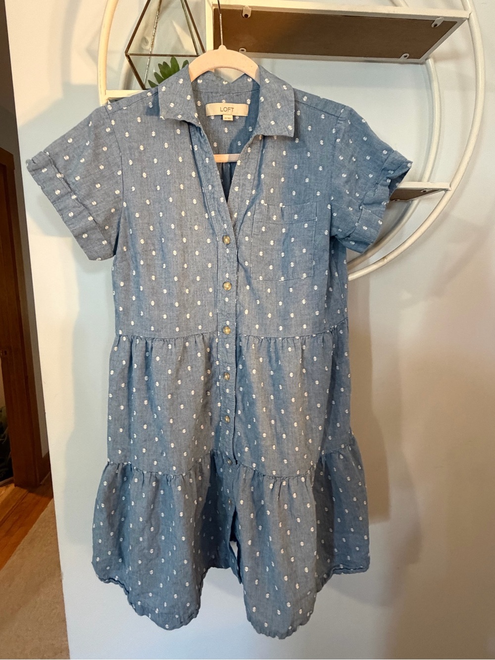 LOFT Women’s Extra Small XS Blue Chambray Polka Dot Tiered Shirt Dress